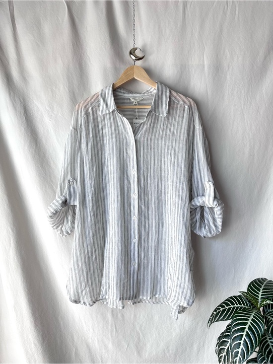 Max Studio Tops - Max Studio Lightweight White & Gray Striped Button-Down Shirt
